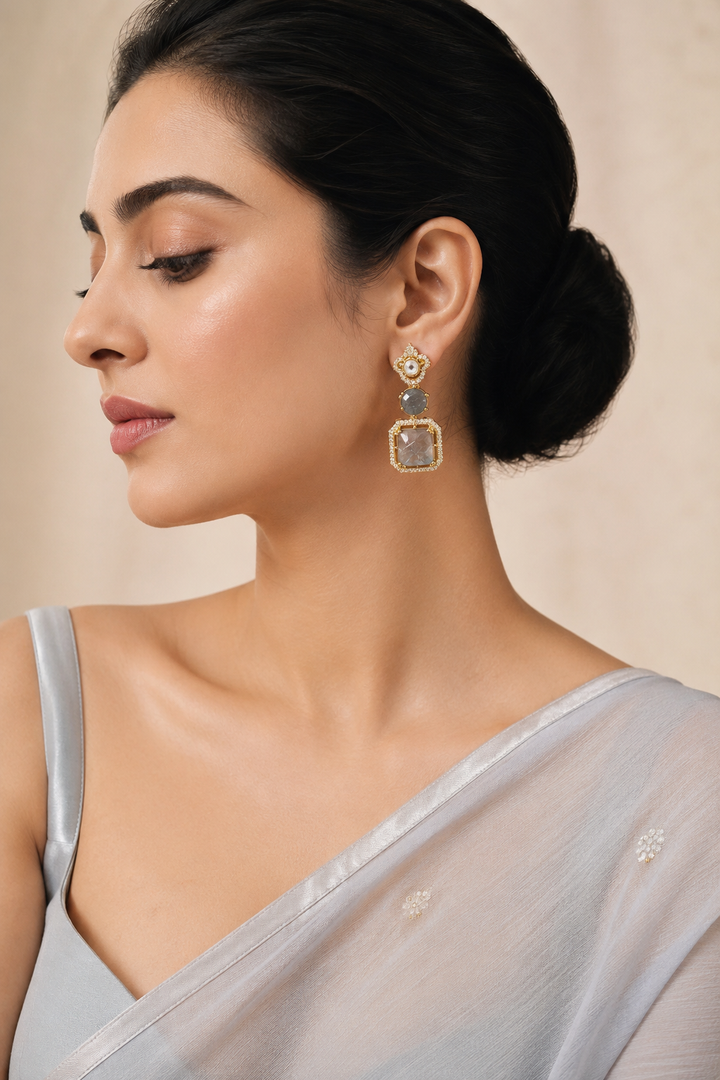 Grey Polki Drop Earrings