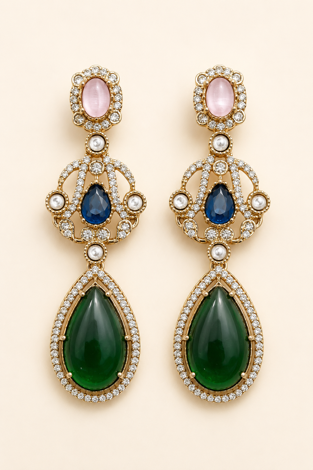 Green Blue Kundan Drop Earrings