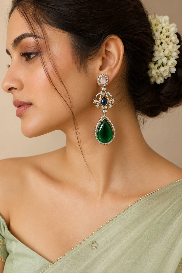 Green Blue Kundan Drop Earrings
