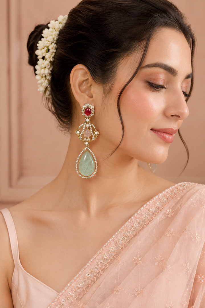 Pink Turquoise Kundan Drop Earrings