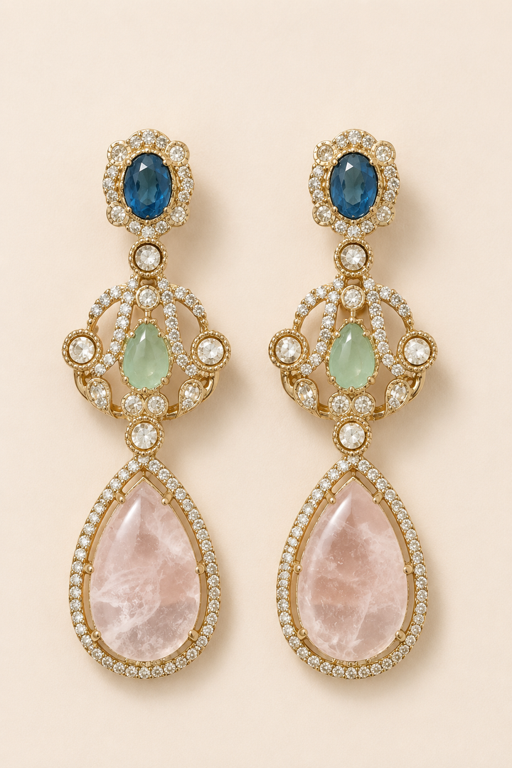 Pink & Blue Kundan Drop Earrings