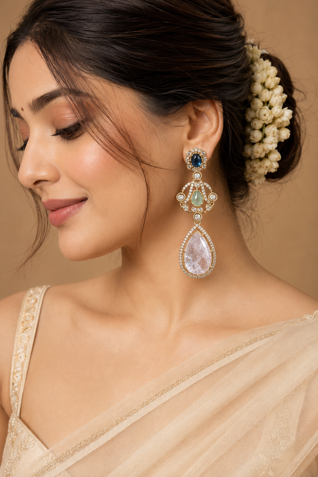 Pink & Blue Kundan Drop Earrings