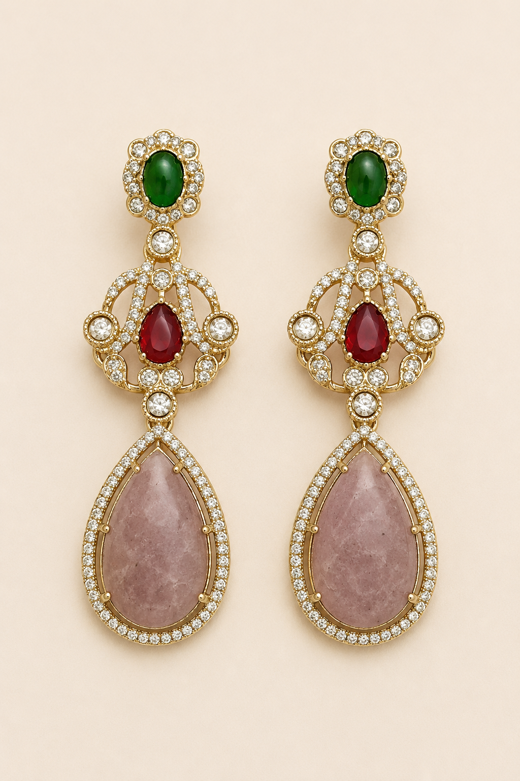 Pink Maroon Green Kundan Drop Earrings