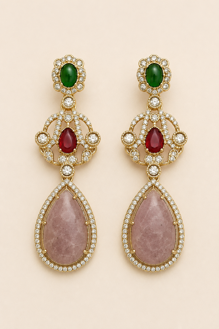 Pink Maroon Green Kundan Drop Earrings