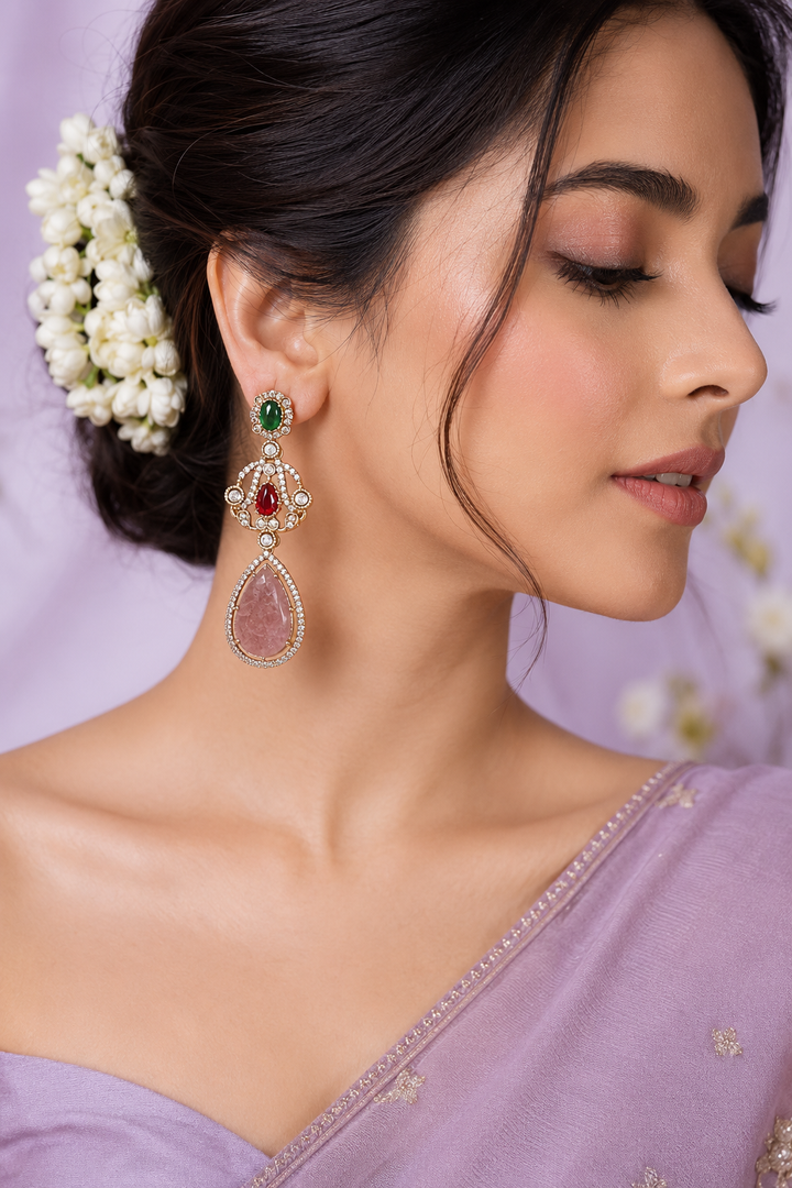 Pink Maroon Green Kundan Drop Earrings
