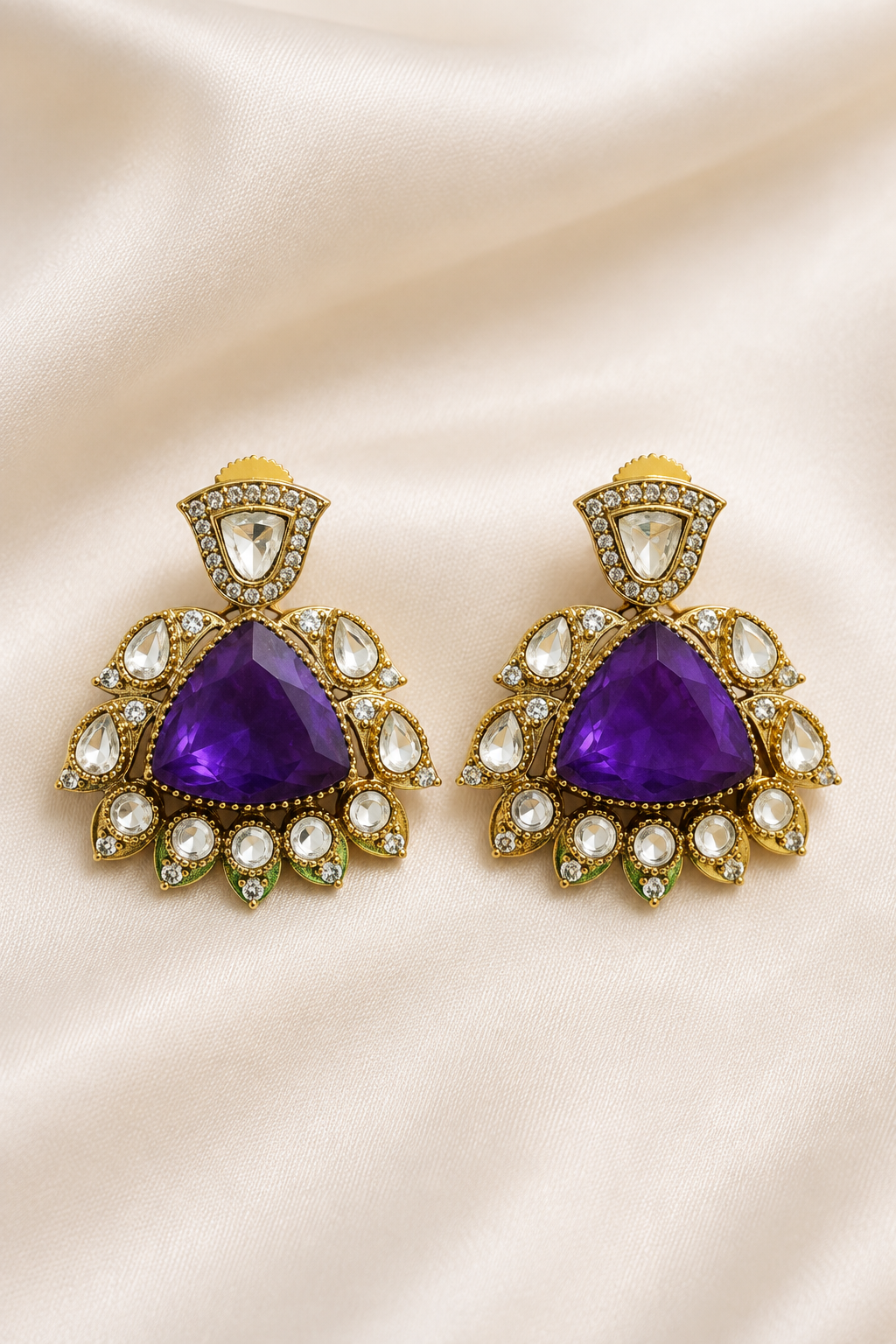 Purple Polki Ethnic Drop Earrings
