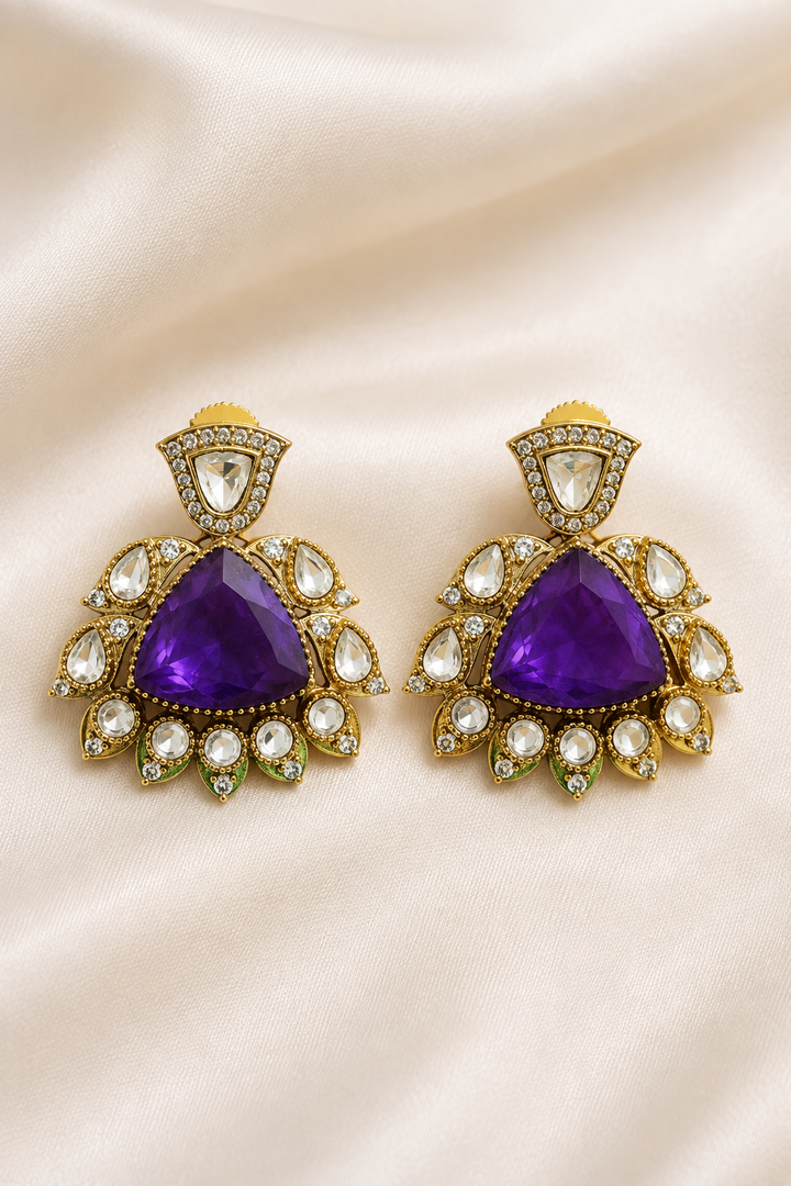 Purple Polki Ethnic Drop Earrings