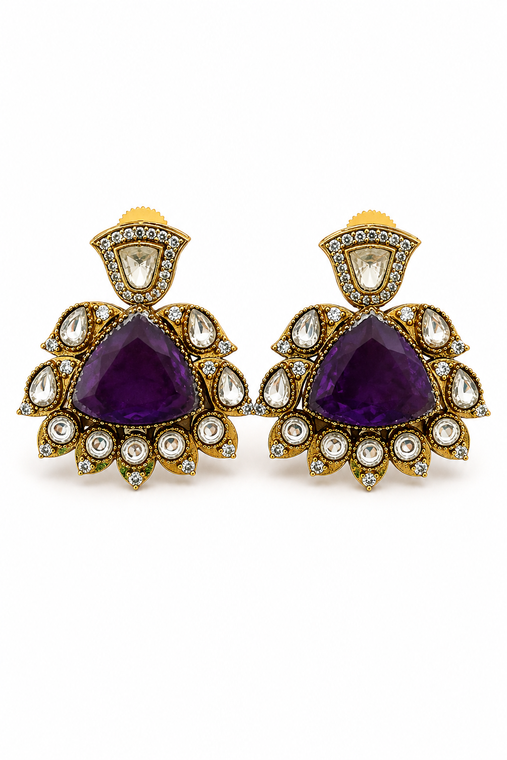 Purple Polki Ethnic Drop Earrings