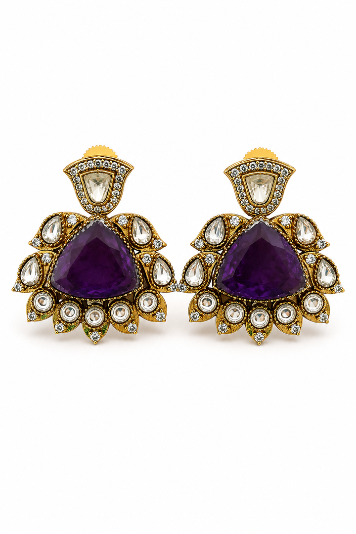 Purple Polki Ethnic Drop Earrings