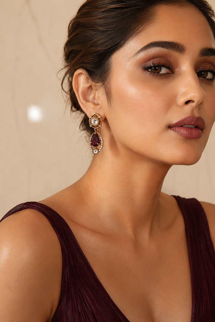 Ruby Red Kundan Gold Drop Dangle Earrings
