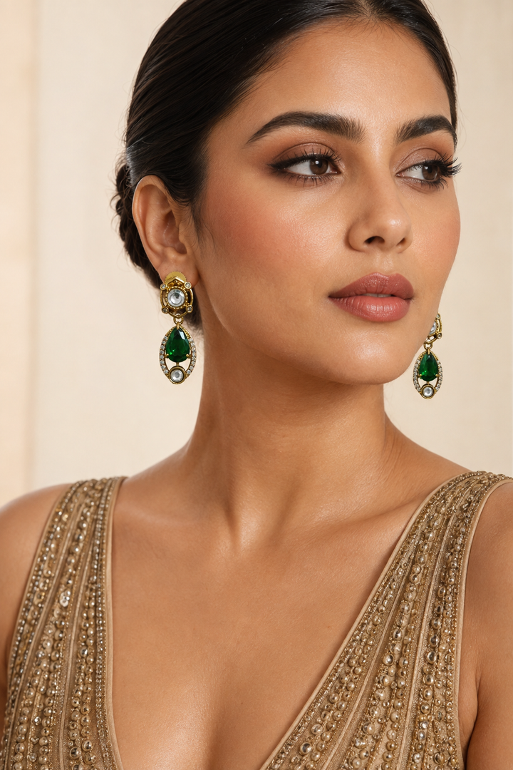 Emerald Kundan Drop Earrings - Green
