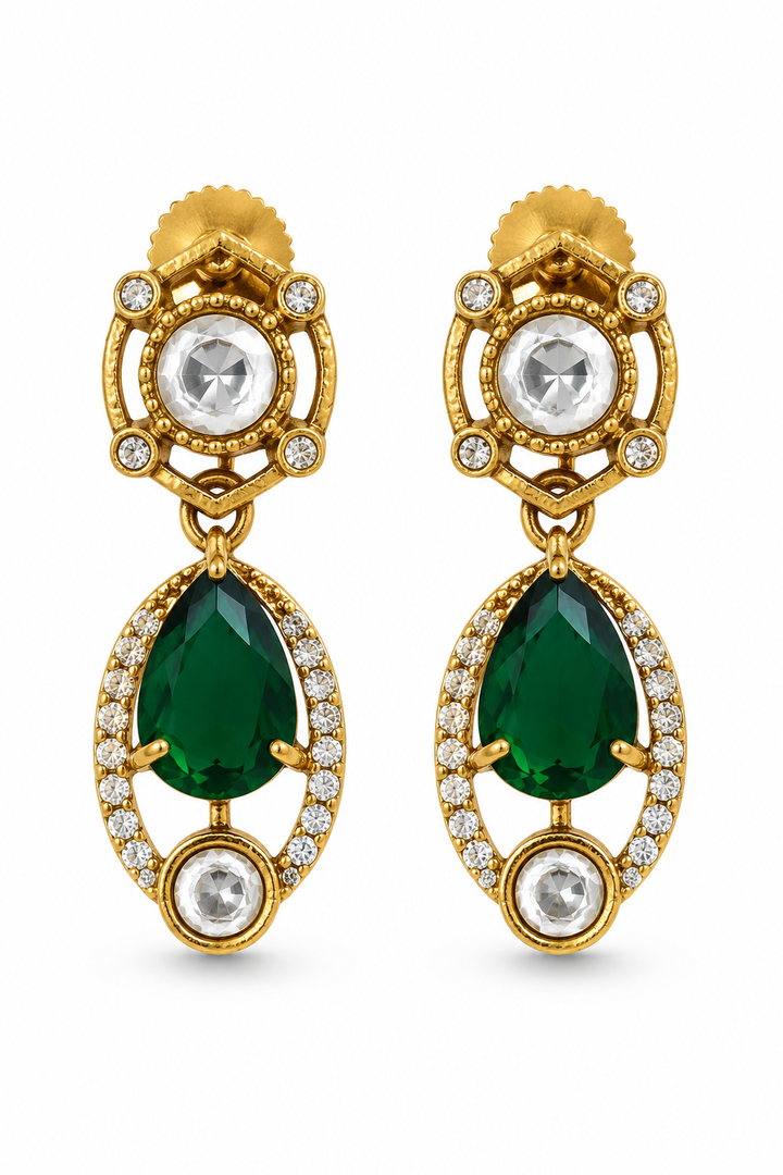 Emerald Kundan Drop Earrings - Green