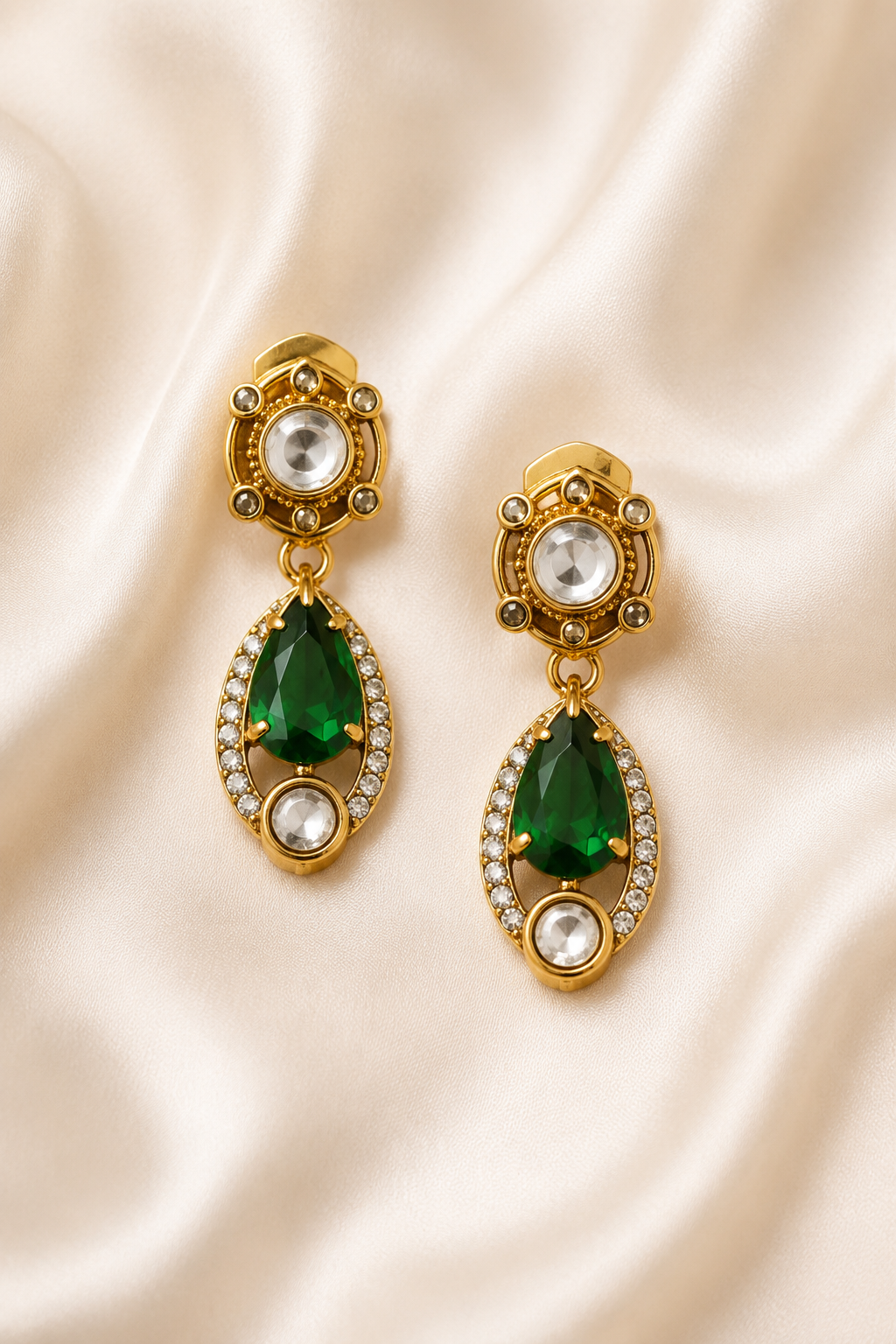 Emerald Kundan Drop Earrings - Green