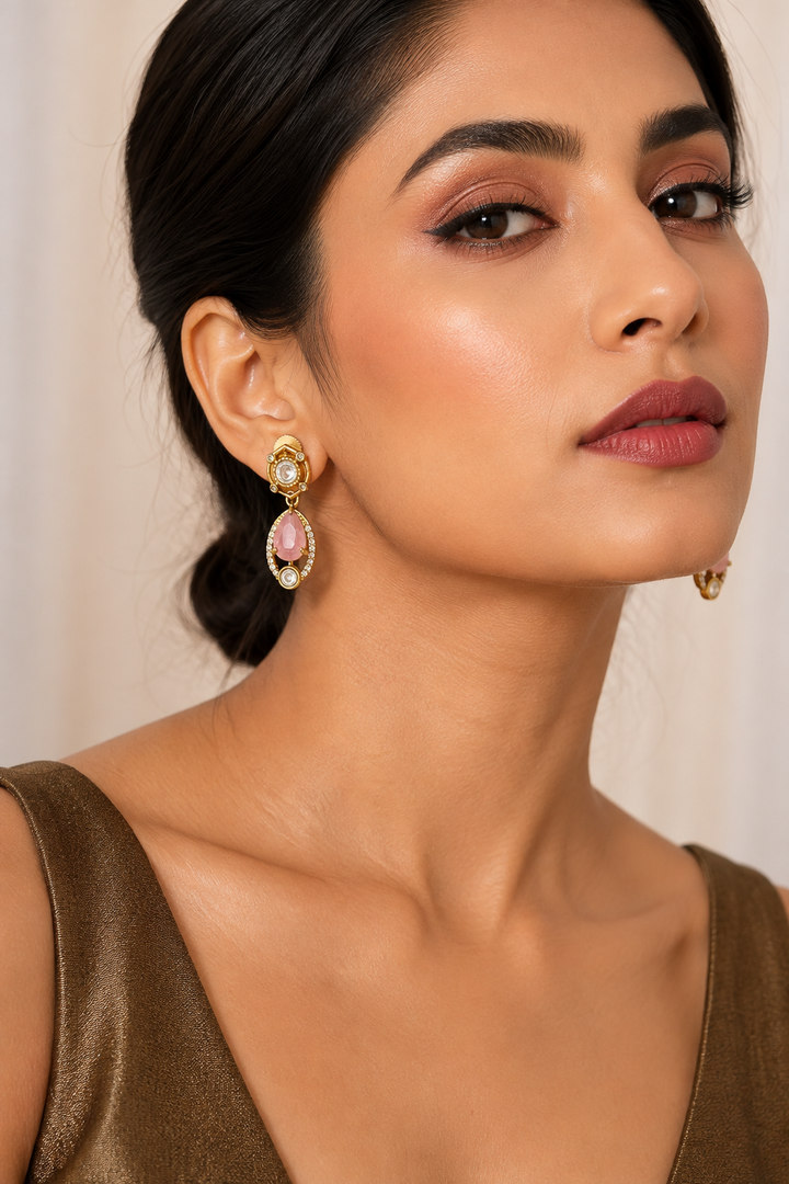 Elegant Pink Kundan Drop Earring