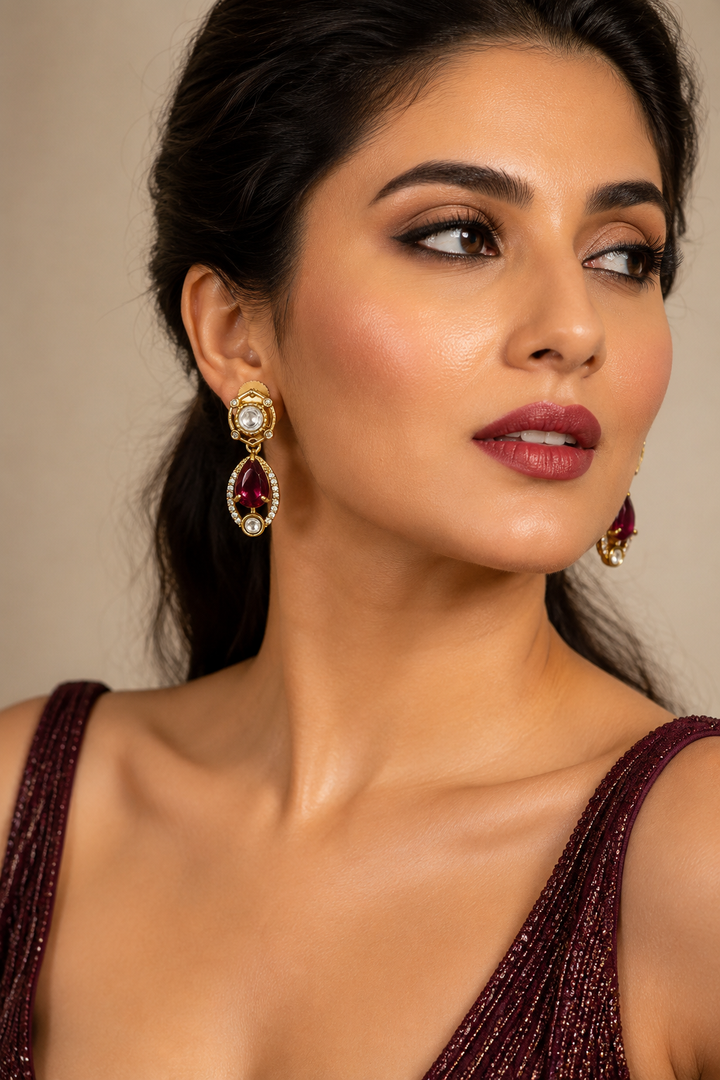 Gold Voin-Red Teardrop Kundan Earring