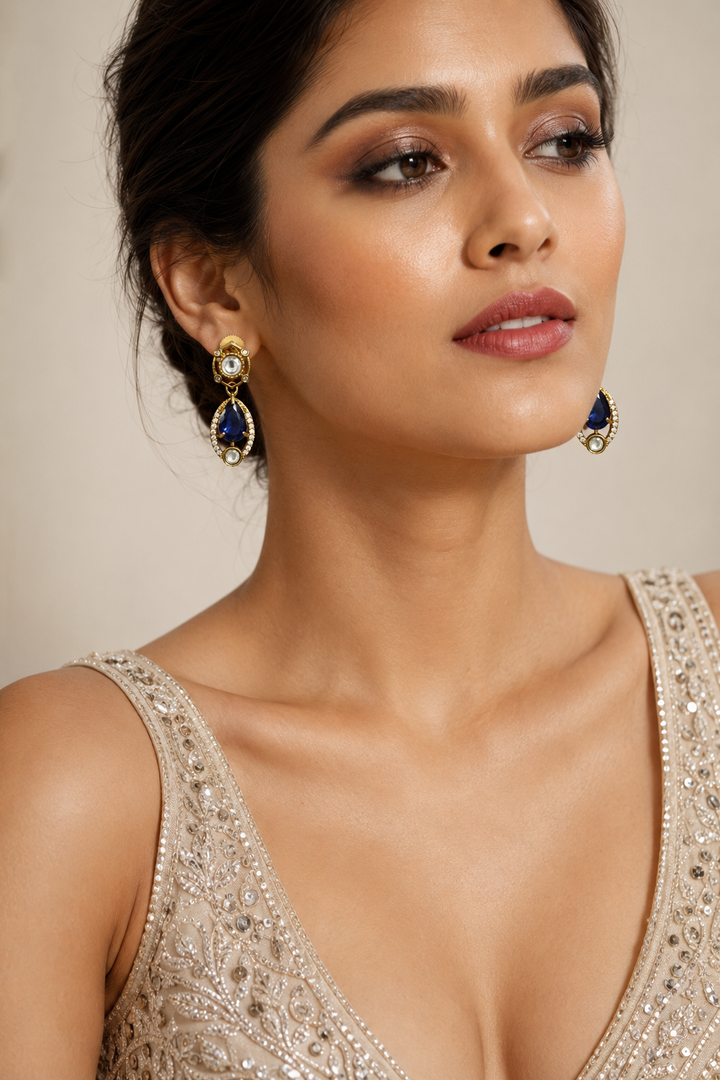 Blue Kundan Teardrop Earrings