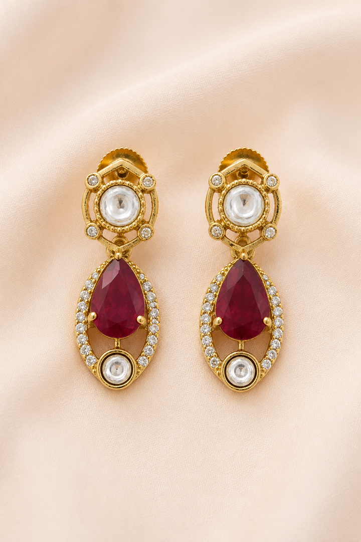 Ruby Red Kundan Gold Drop Dangle Earrings