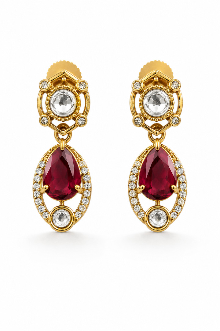 Ruby Red Kundan Gold Drop Dangle Earrings