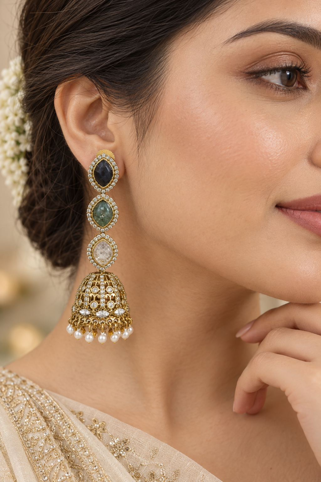 Long Multi-Stone Jhumkas