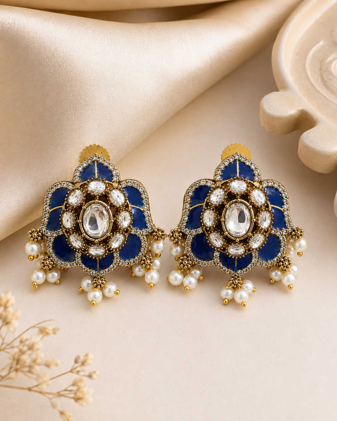 Blue Meenakari Pearl Studs