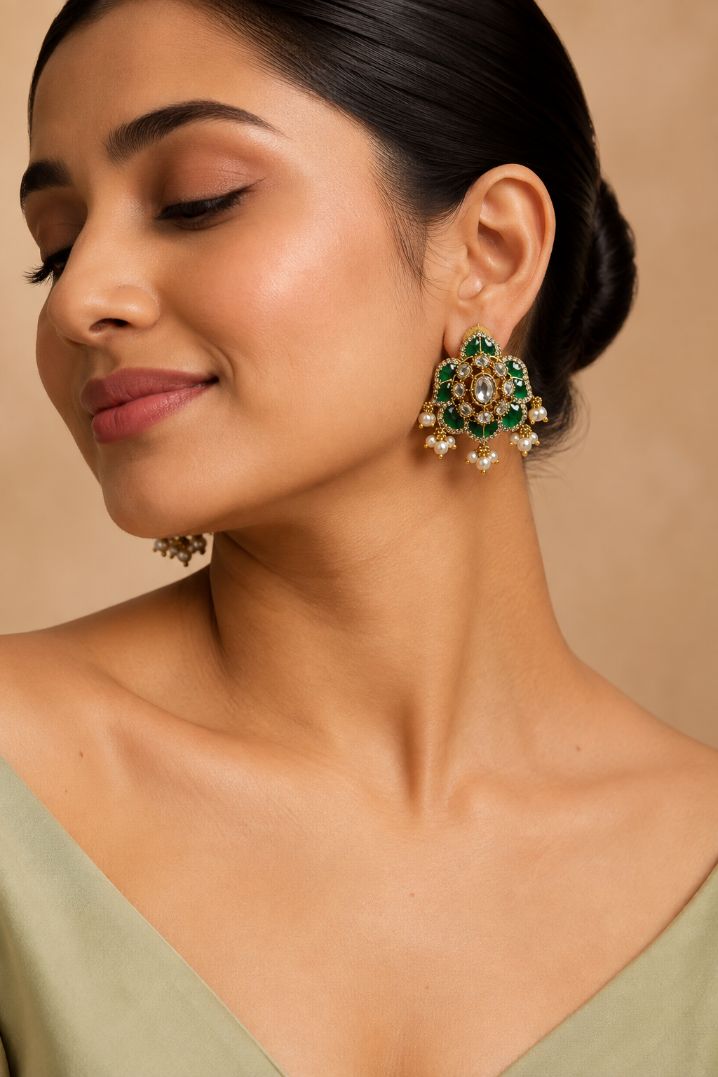 Emerald Floral Meenakari Studs