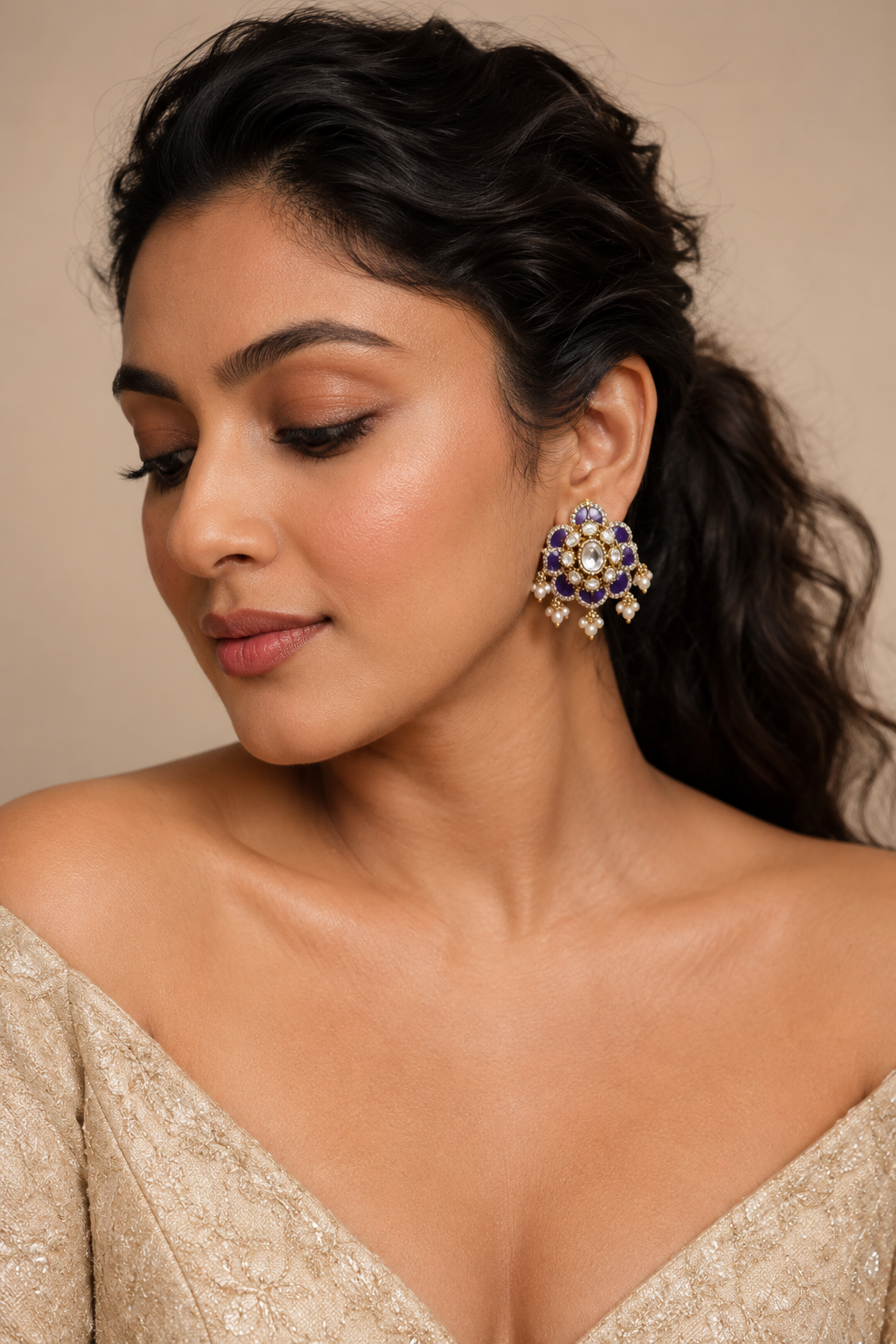 Purple Floral Polki Studs