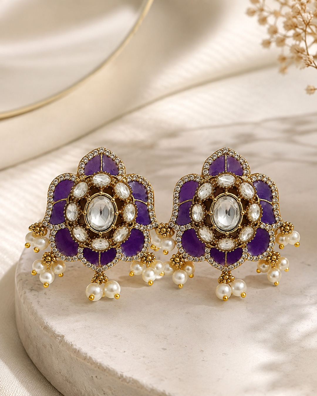 Purple Floral Polki Studs