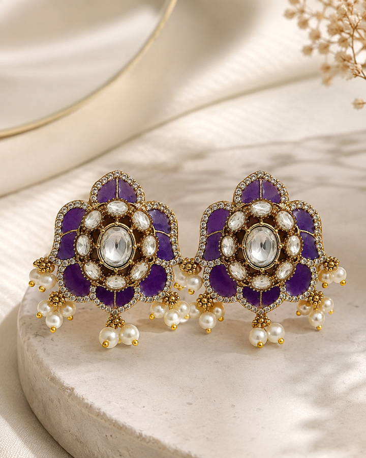 Purple Floral Polki Studs