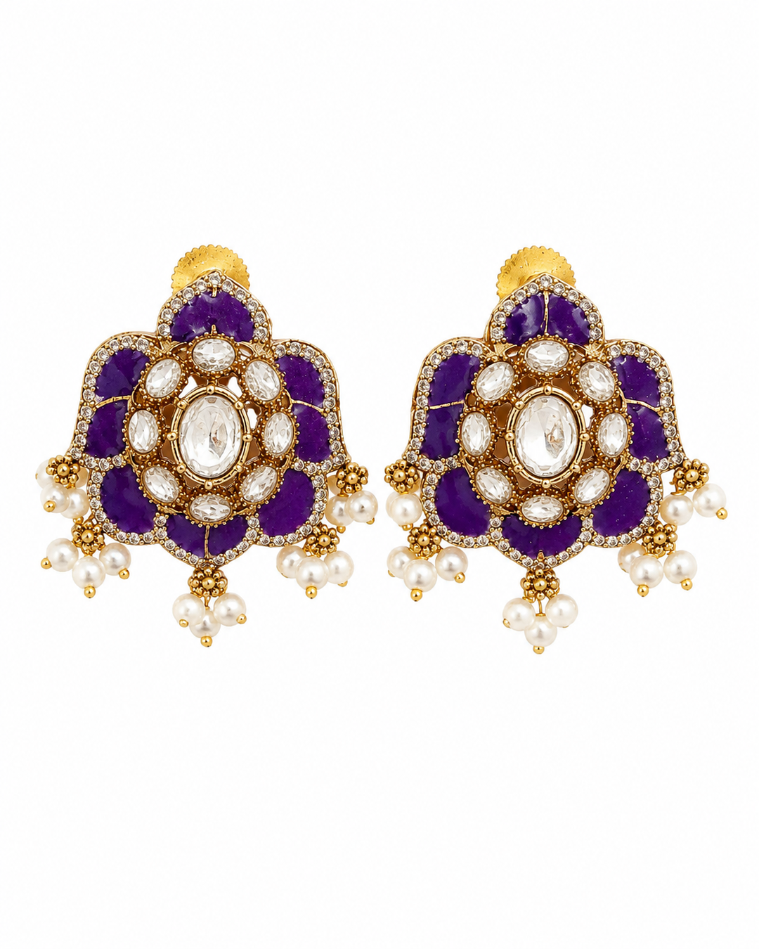 Purple Floral Polki Studs