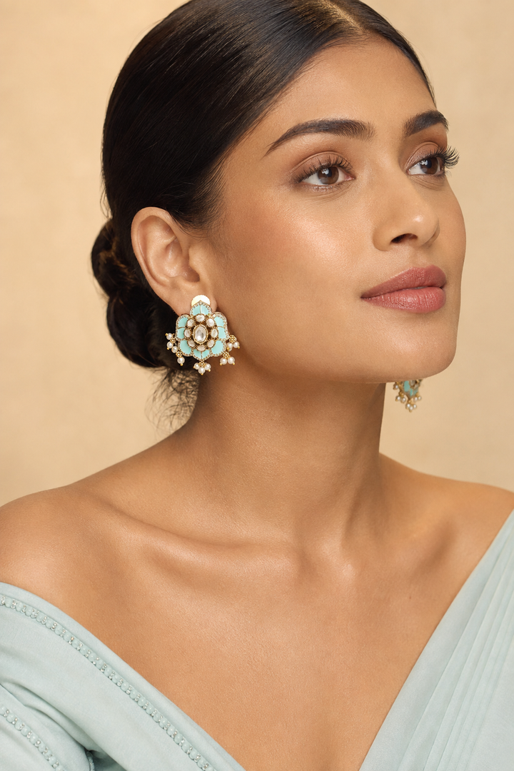Turquoise Polki Lotus Studs