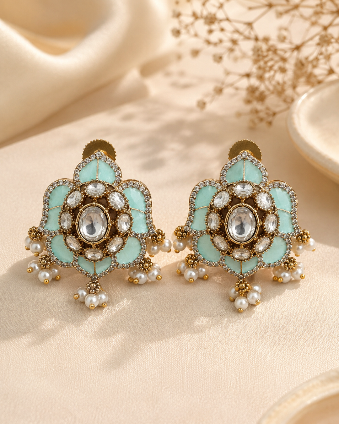 Turquoise Polki Lotus Studs