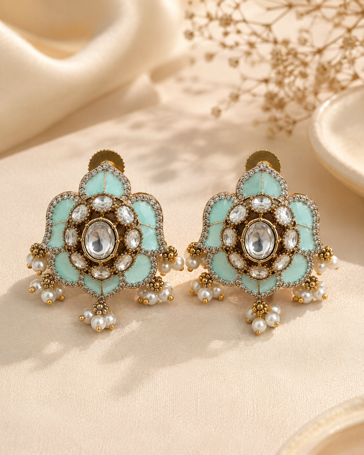 Turquoise Polki Lotus Studs