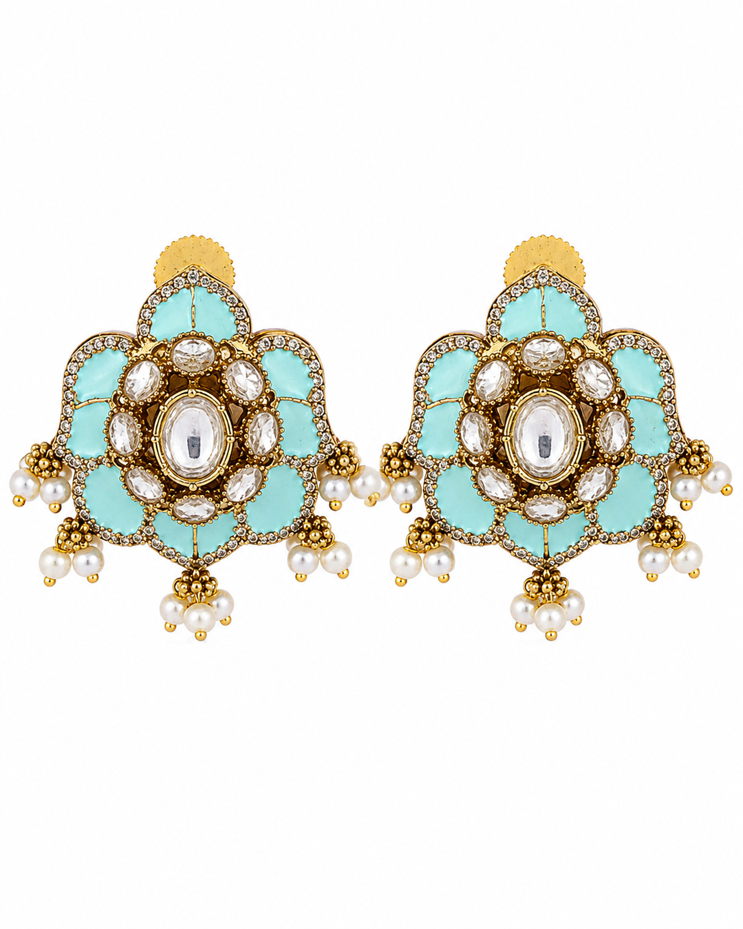 Turquoise Polki Lotus Studs