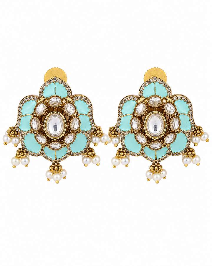 Turquoise Polki Lotus Studs