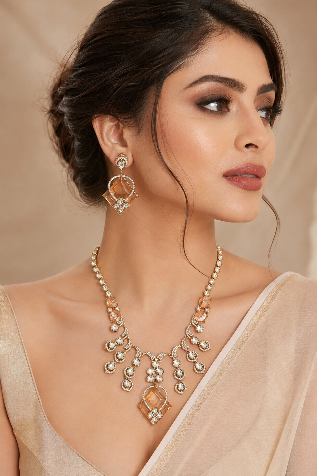 Vibrant Orange Kundan Necklace Set