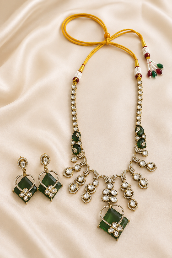 Emerald Green Polki Necklace Set