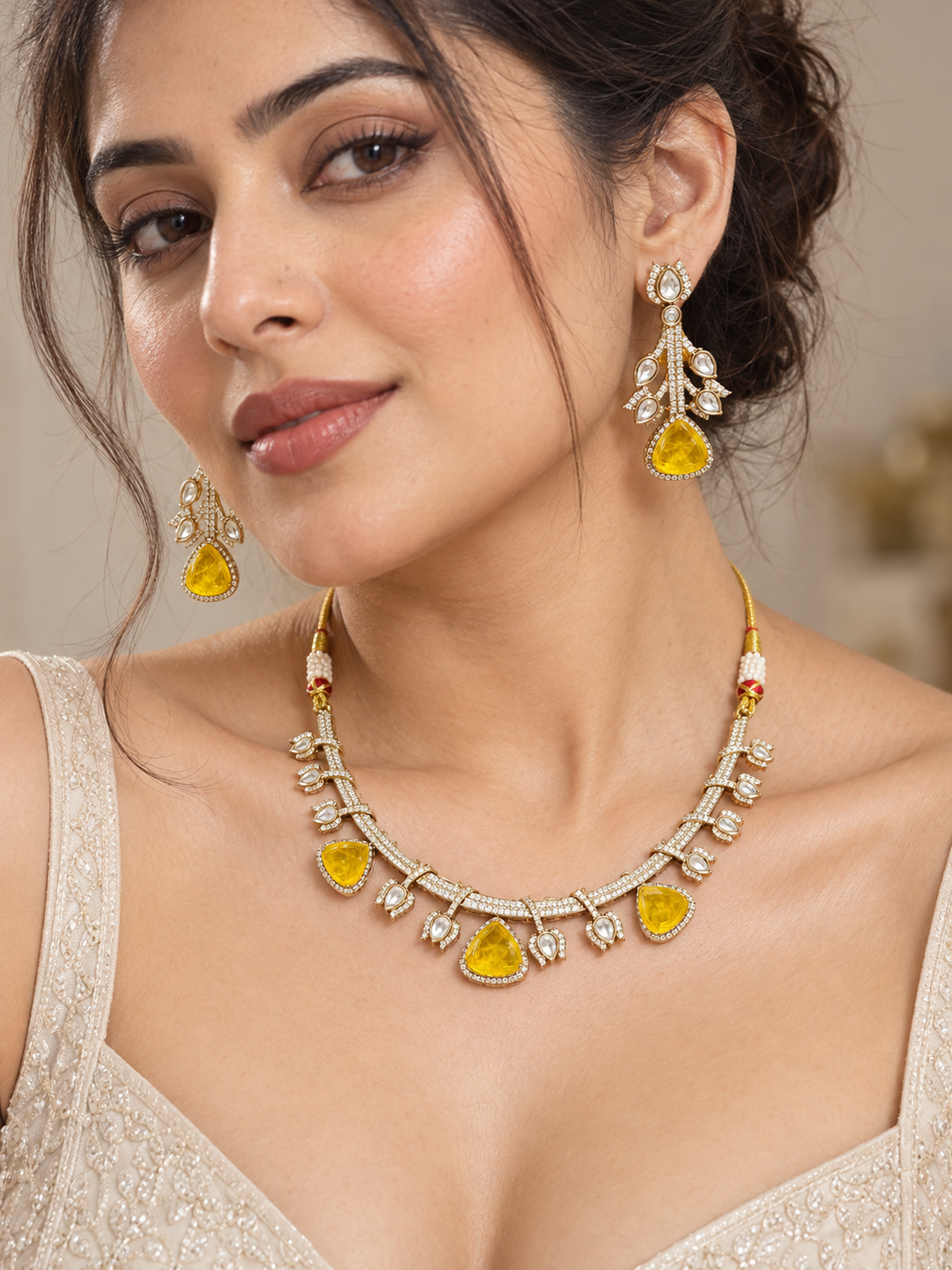Yellow Kundan Polki Choker Necklace Set