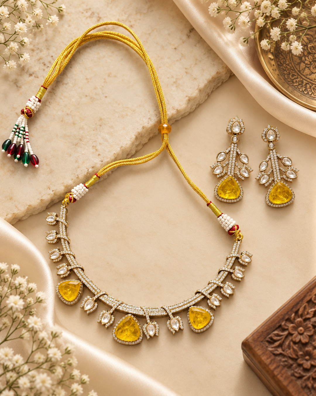 Yellow Kundan Polki Choker Necklace Set