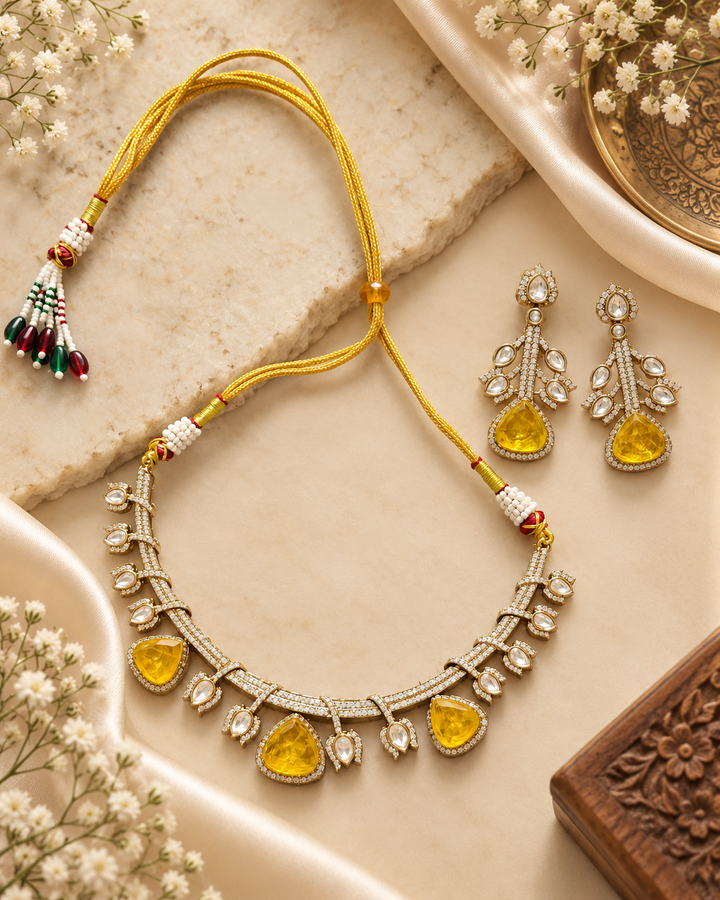 Yellow Kundan Polki Choker Necklace Set