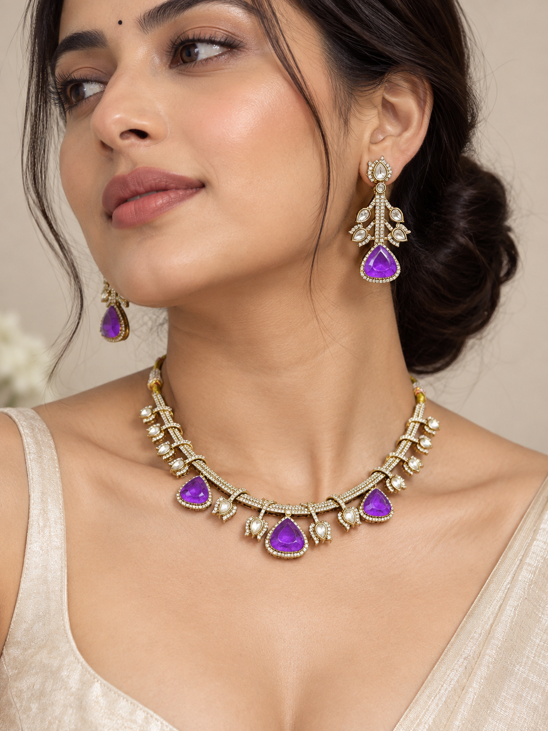 Purple Kundan Polki Choker Set