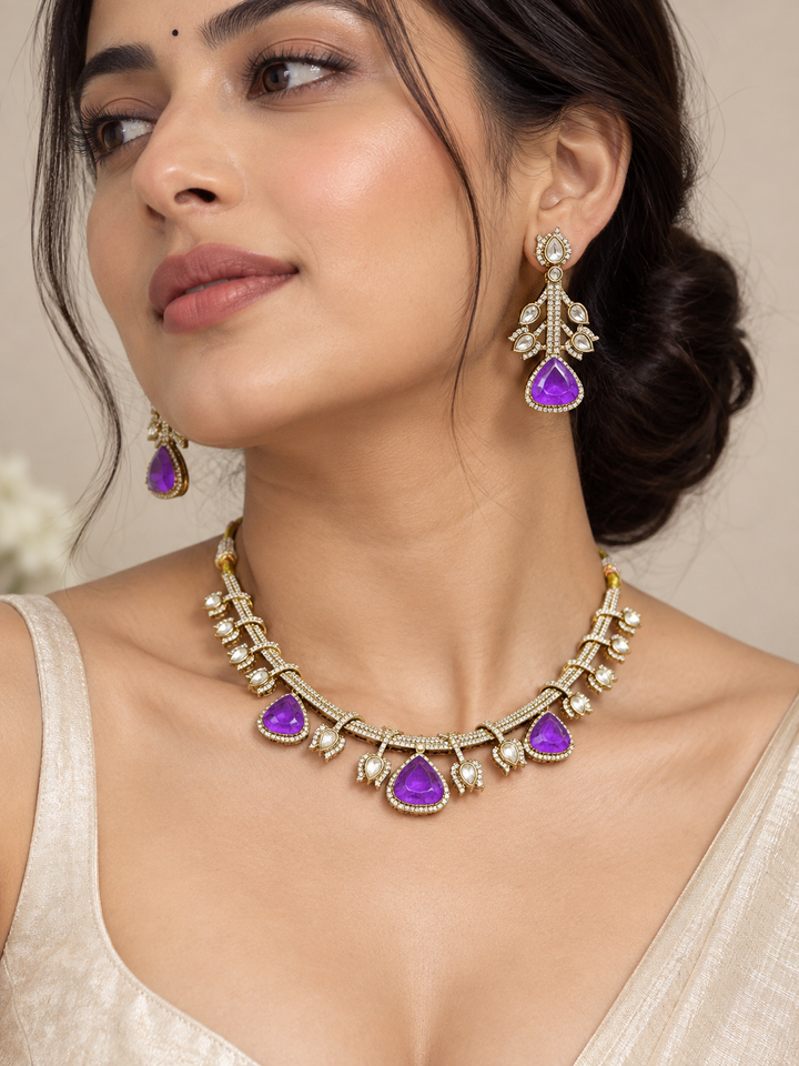Purple Kundan Polki Choker Set