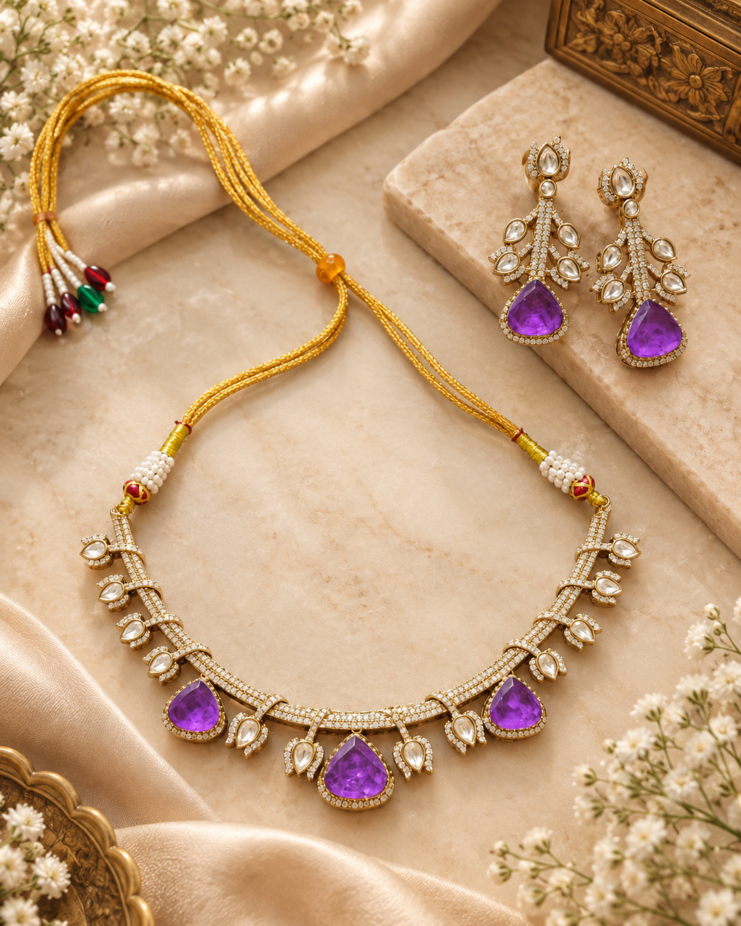 Purple Kundan Polki Choker Set