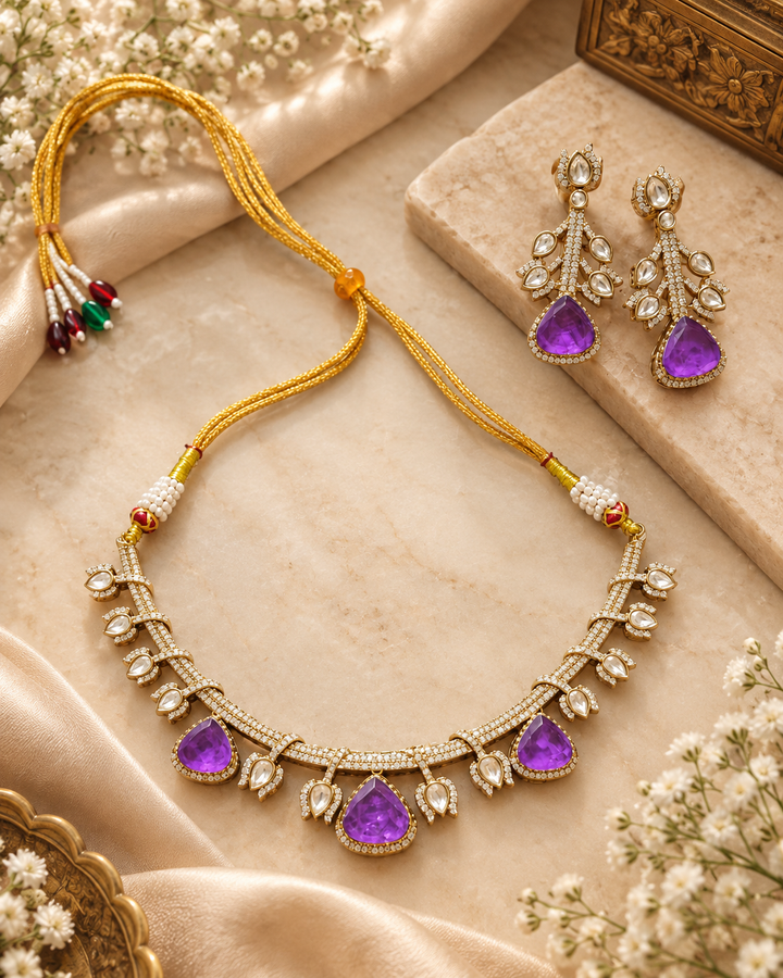 Purple Kundan Polki Choker Set