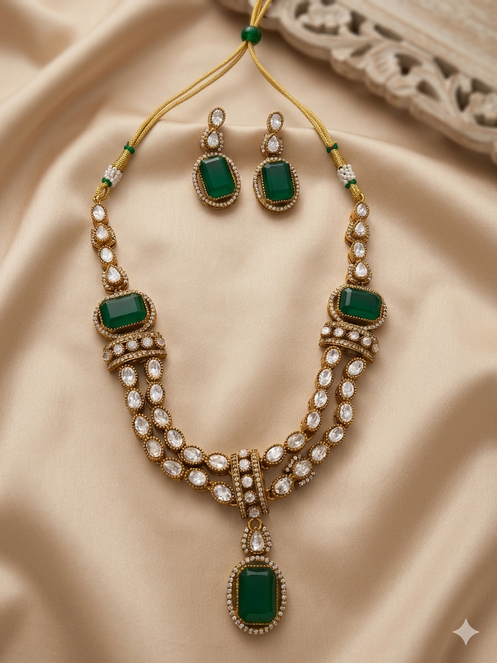 Green Stone Moissanite Kundan Necklace Set with Earrings Gold Plated