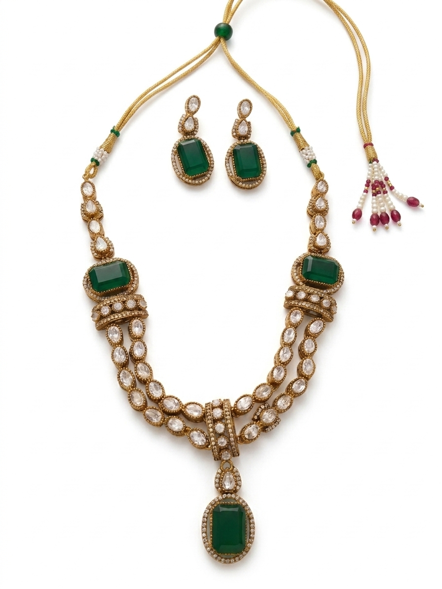 Green Stone Moissanite Kundan Necklace Set with Earrings Gold Plated