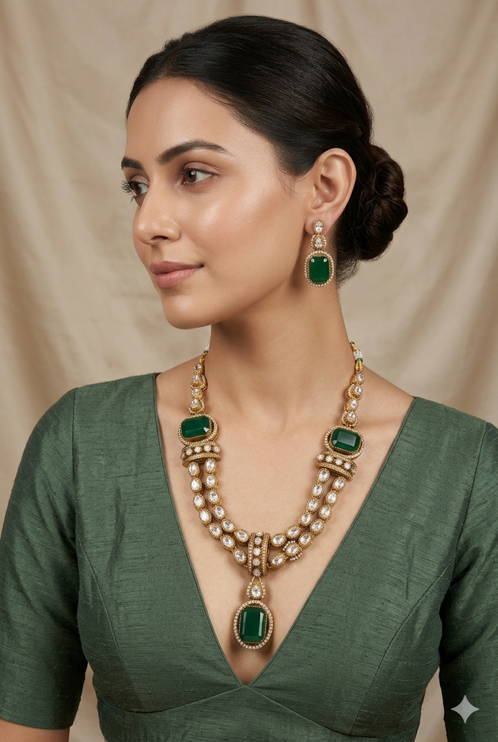 Green Stone Moissanite Kundan Necklace Set with Earrings Gold Plated