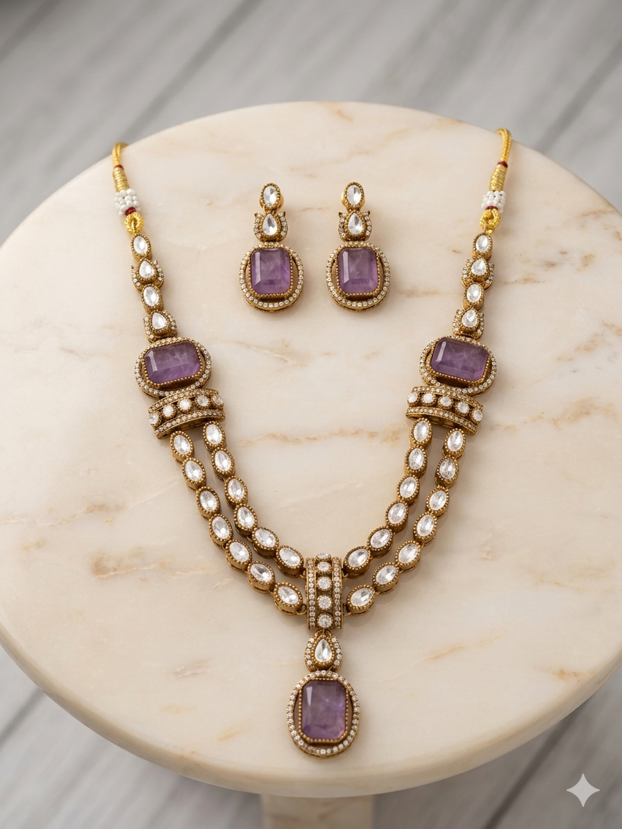 Purple Stone Moissanite Kundan Necklace Set with Earrings Gold Plated