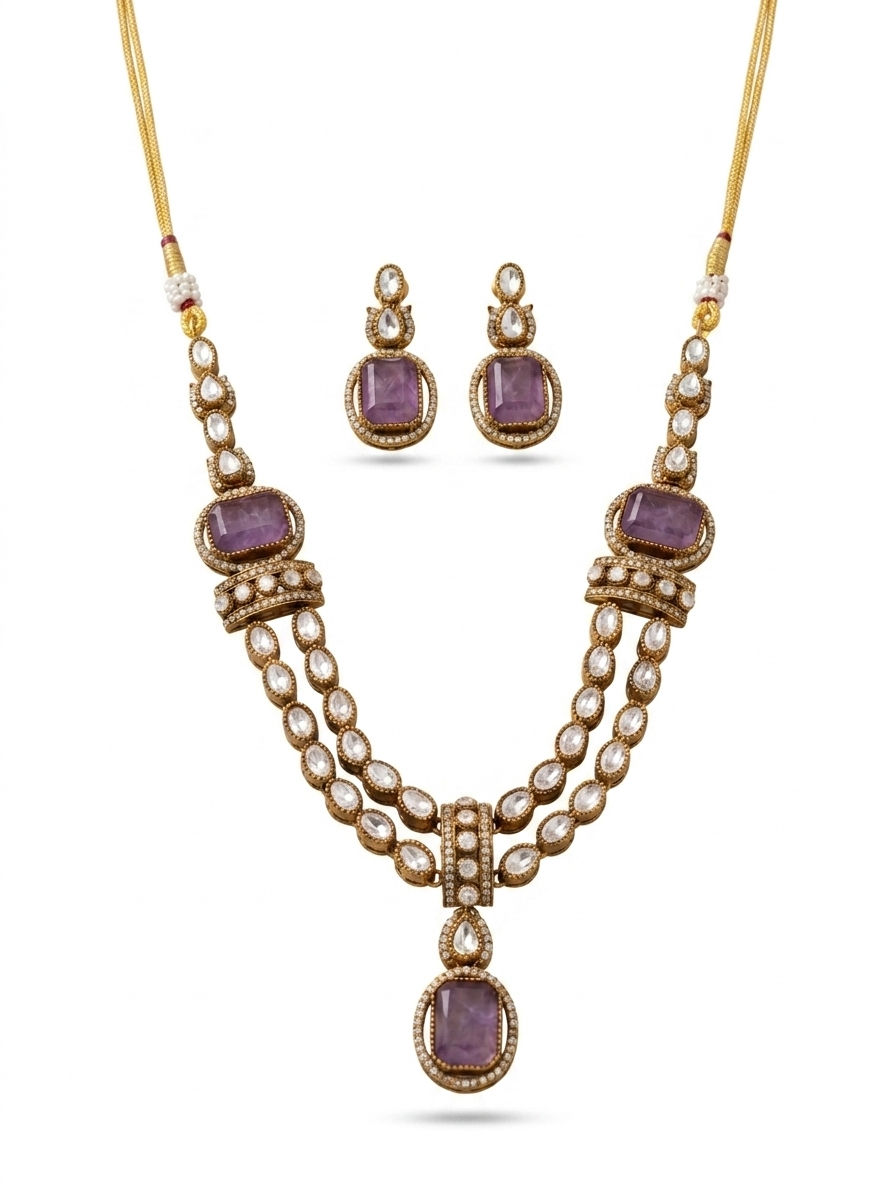 Purple Stone Moissanite Kundan Necklace Set with Earrings Gold Plated