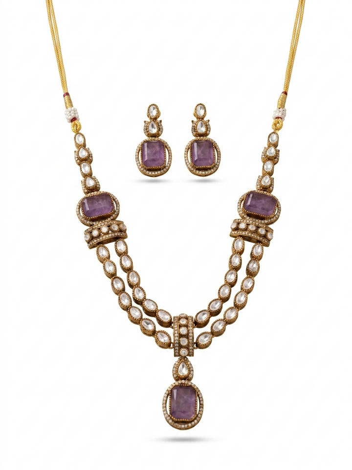 Purple Stone Moissanite Kundan Necklace Set with Earrings Gold Plated
