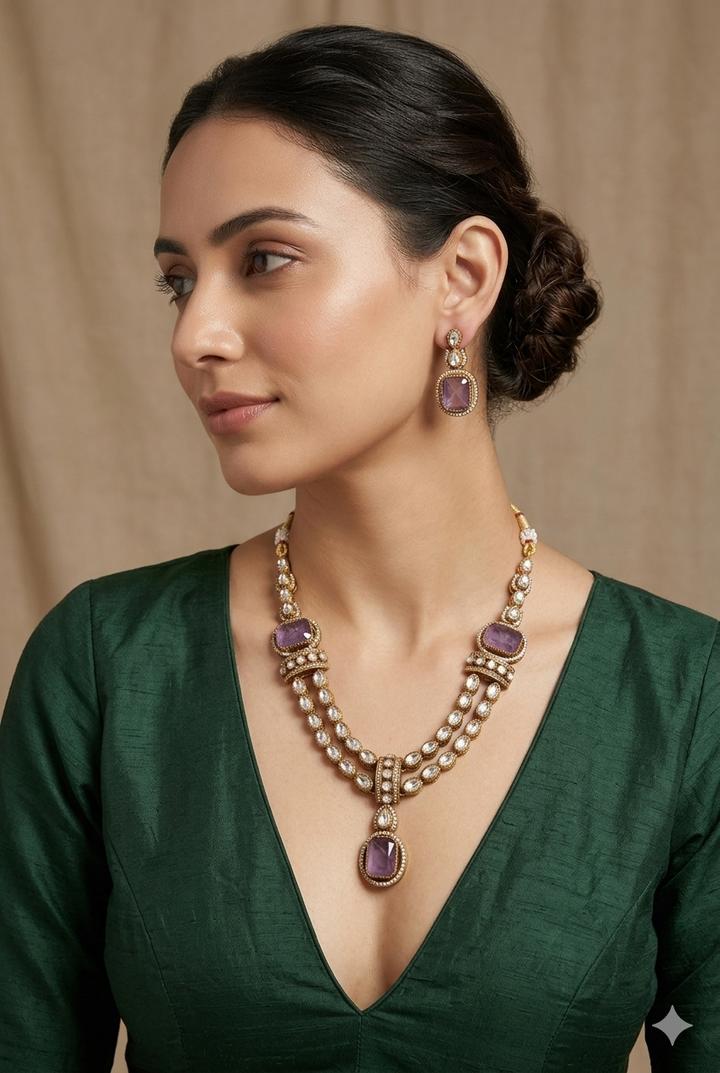 Purple Stone Moissanite Kundan Necklace Set with Earrings Gold Plated